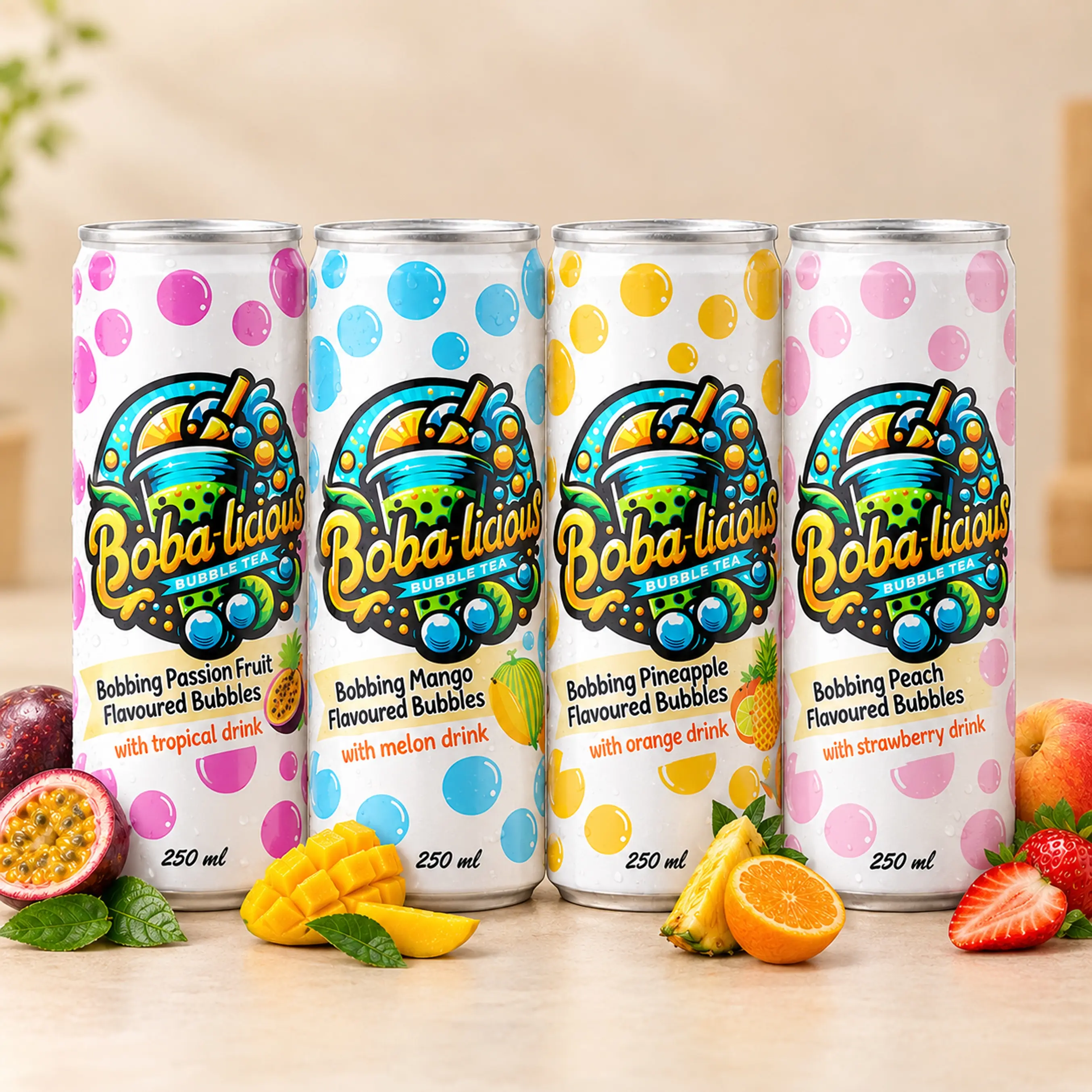 Bobalicious 250ml canned bubble tea range with mango, strawberry, peach, pineapple, lychee and pink guava flavours displayed with fresh tropical fruits.